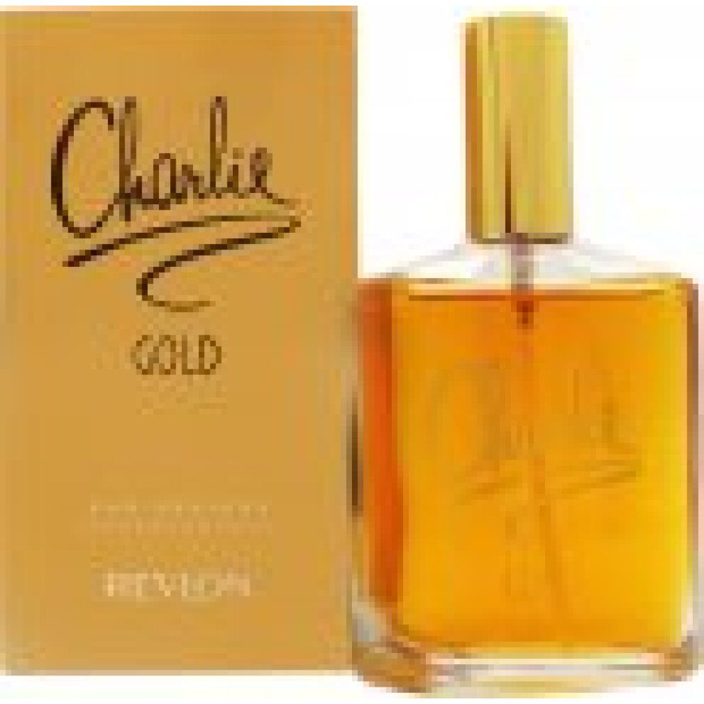 Goldfarbenes Eau Fraîche von Revlon. Flakon mit goldfarbenem Verschluss und Schriftzug Charlie Gold. Karton mit Schriftzug.
