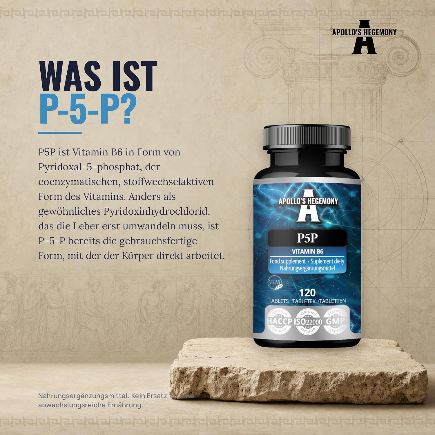 Flasche mit Vitamin B6 P5P Nahrungsergänzungsmittel, 120 Tabletten.