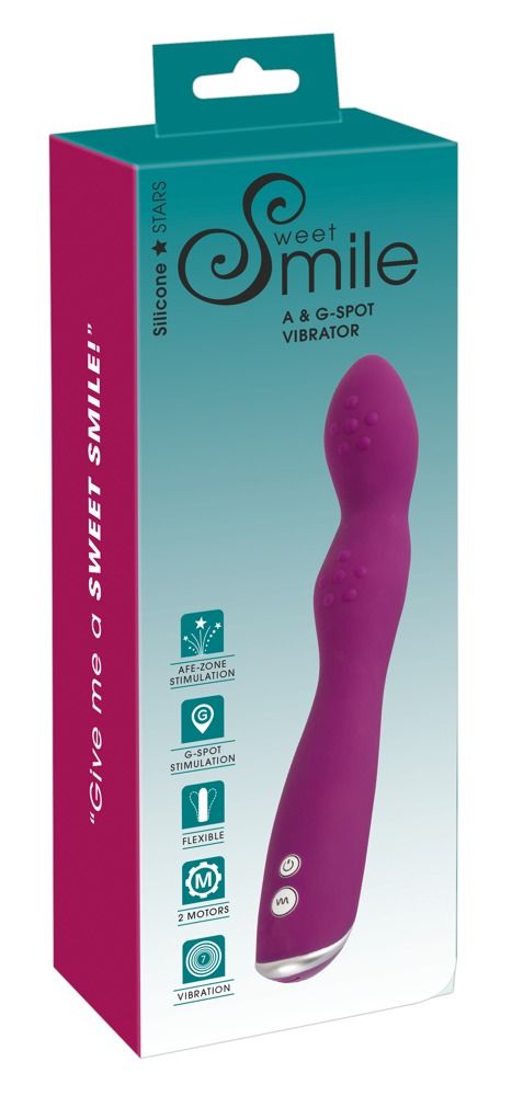 Verpackung von Sweet Smile Vibrator. Lila Vibrator abgebildet. Text: A & G-Punkt Vibrator, 2 Motoren, 7 Modi.