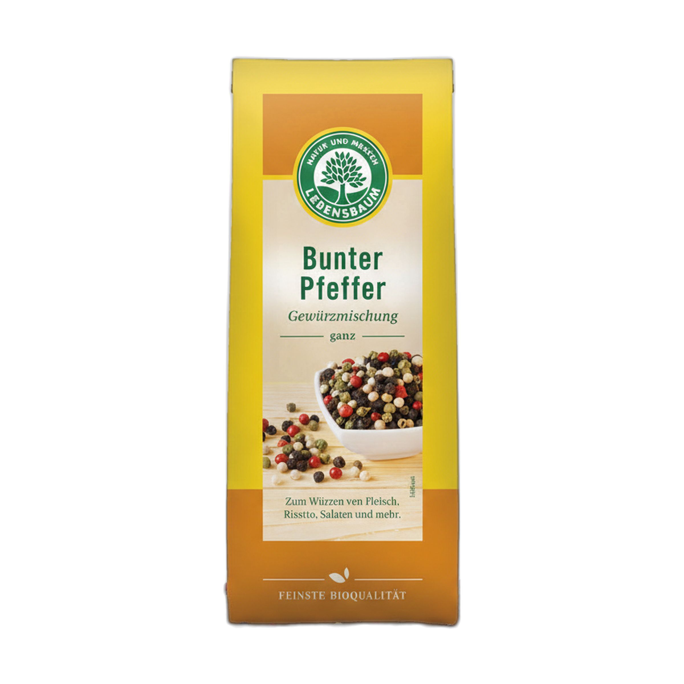 Verpackung von Lebensbaum Bunter Pfeffer, Gewürzmischung, ganz, mit Bild einer Schale Pfefferkörner.