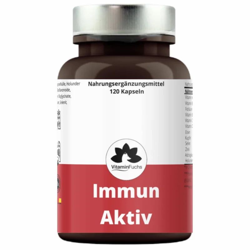Braune Flasche mit silbernem Deckel. Rotes Etikett mit "Immun Aktiv" und "VitaminFuchs" Logo. 120 Kapseln.