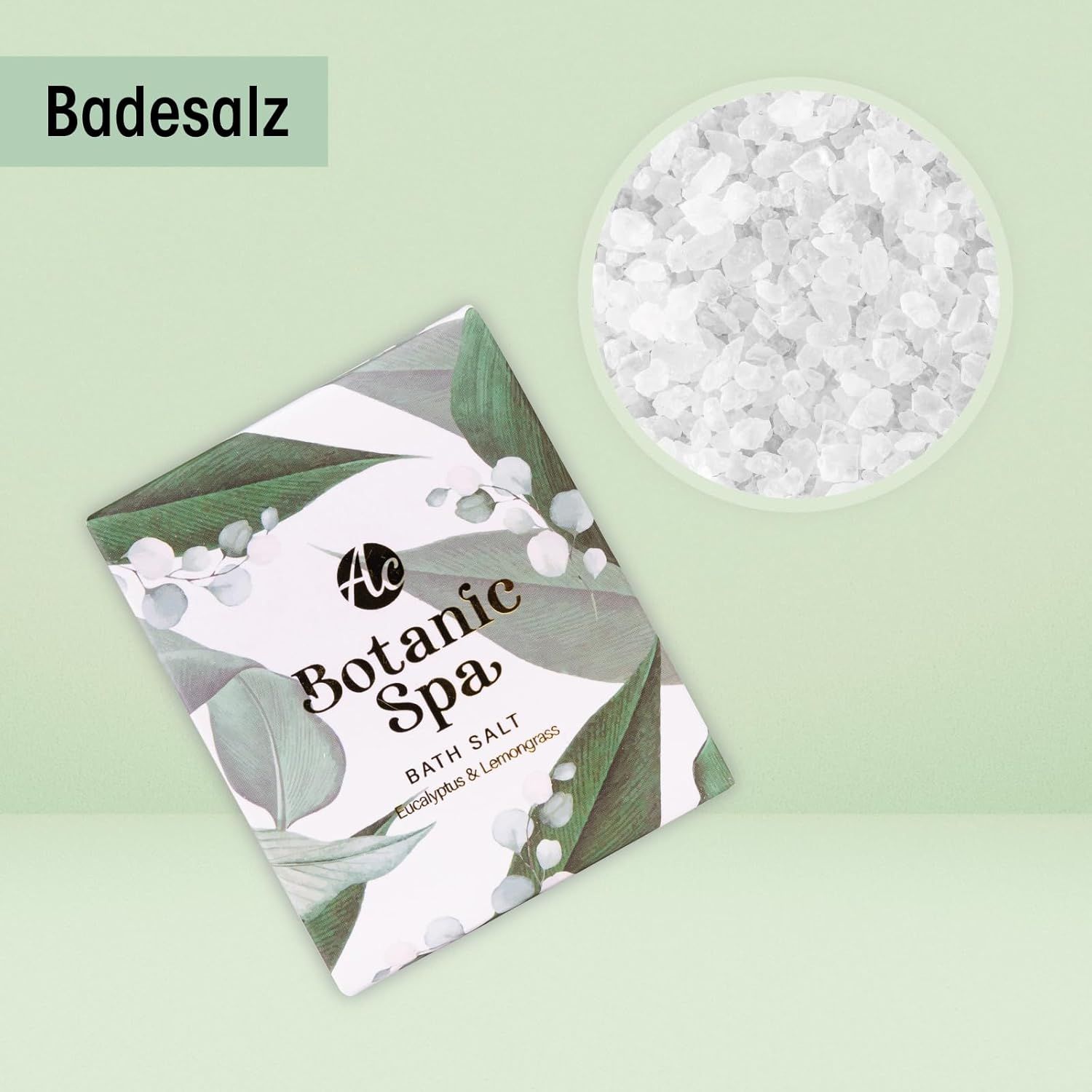 Badesalz in Verpackung mit Logo Botanic Spa. Daneben Badesalzkristalle.