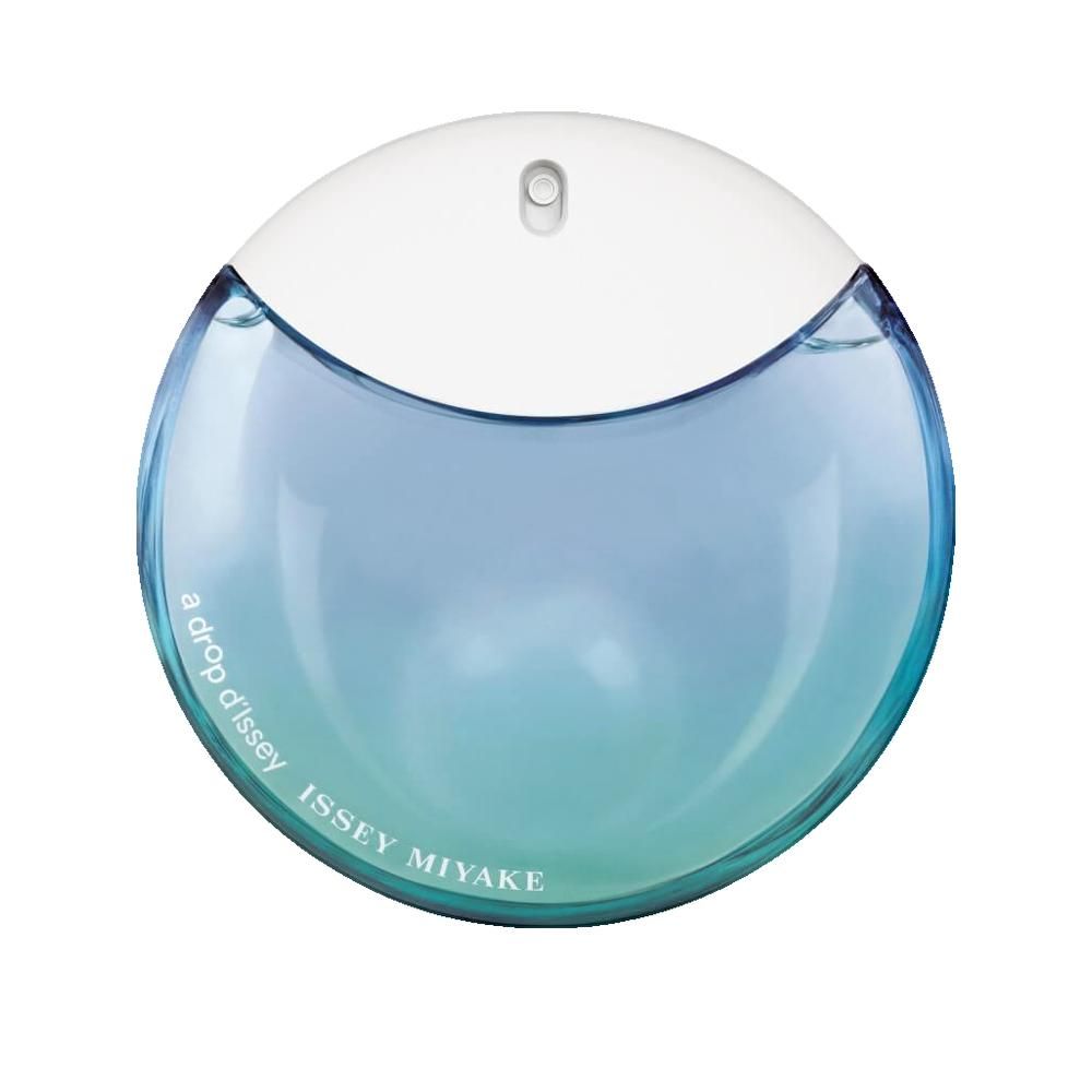 Runder Flakon mit weißem Deckel und blau-grünem Inhalt. Schriftzug: a drop d'Issey, ISSEY MIYAKE.