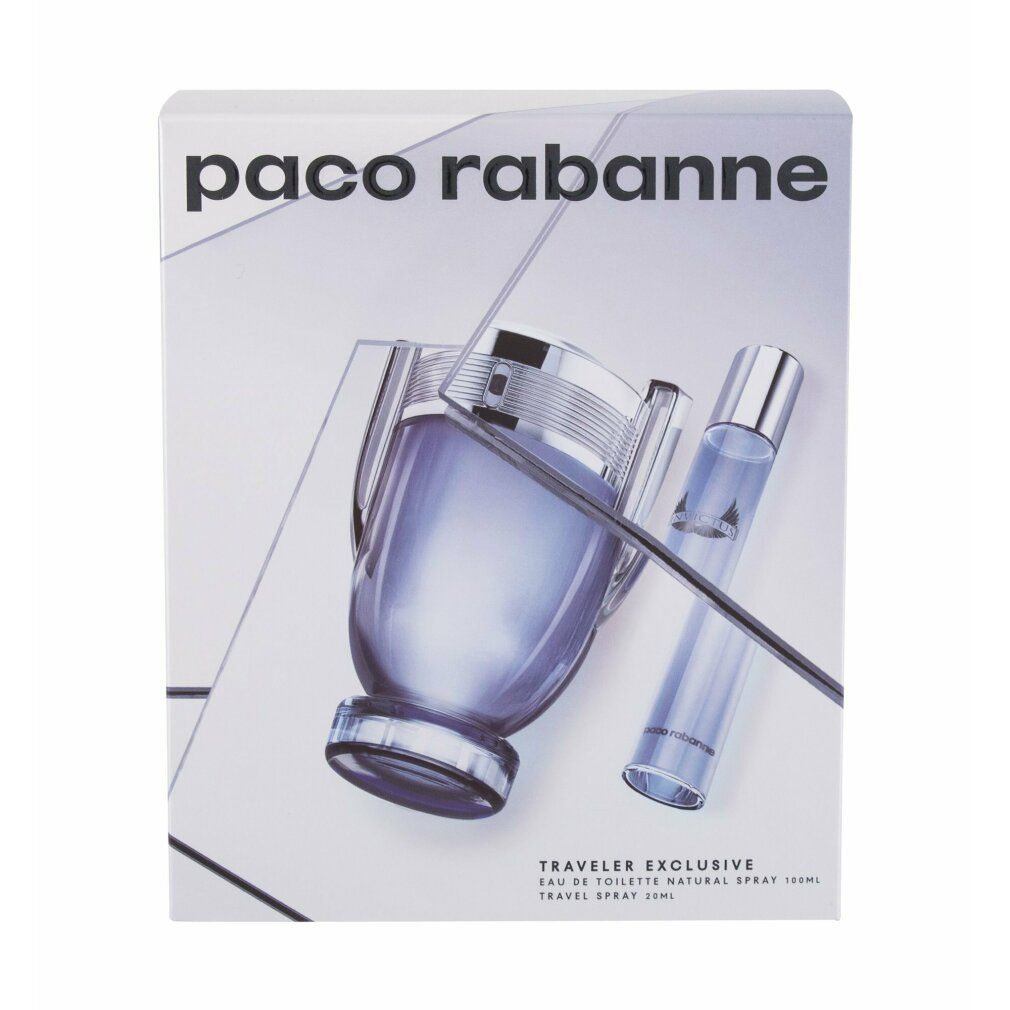 Paco Rabanne Invictus EdT + EdT. Geschenkset mit Flakon und Travel Spray. Verpackung mit Logo und Produktbezeichnung. Hellblauer Hintergrund.