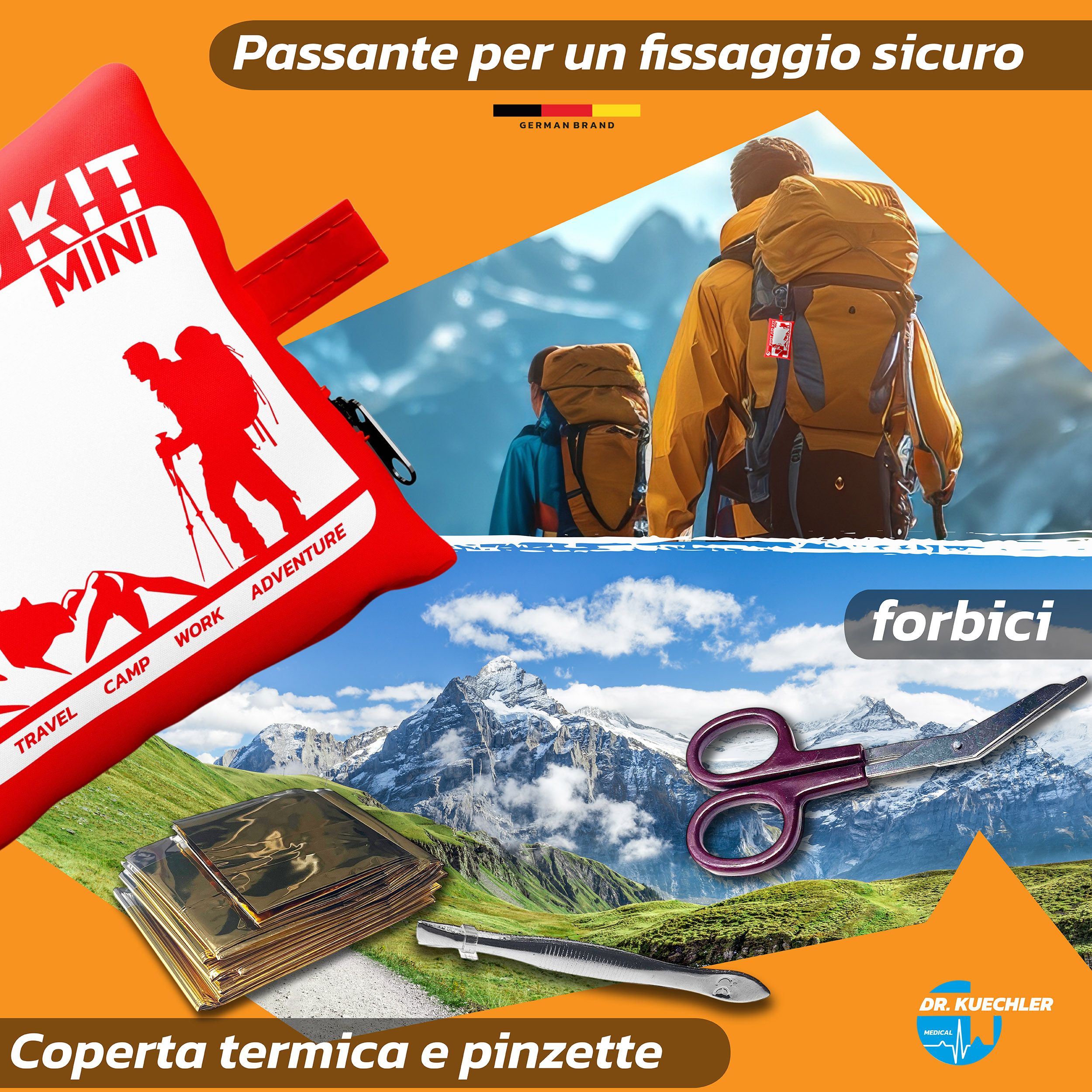 Rotes Erste-Hilfe-Set mit Schlaufe. Enthält Schere, Rettungsdecke und Pinzette. Dr. Kuechler Logo. Berglandschaft im Hintergrund.