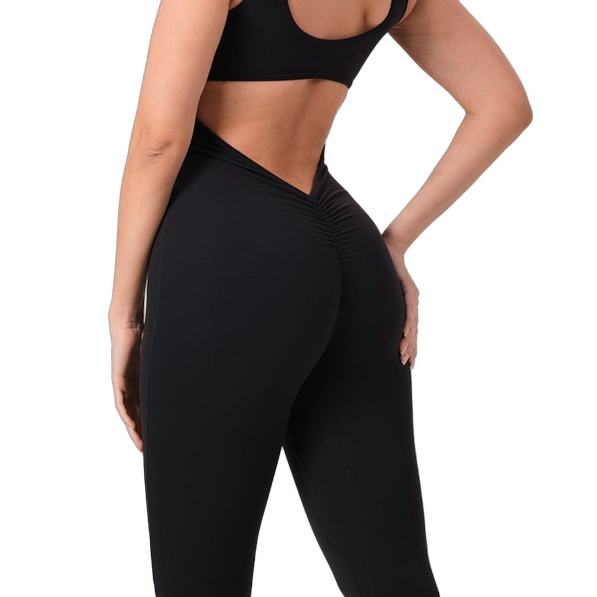 Rückenansicht eines schwarzen Damen-Jumpsuits mit rundem Ausschnitt und tiefem V-förmigem Rückenausschnitt.