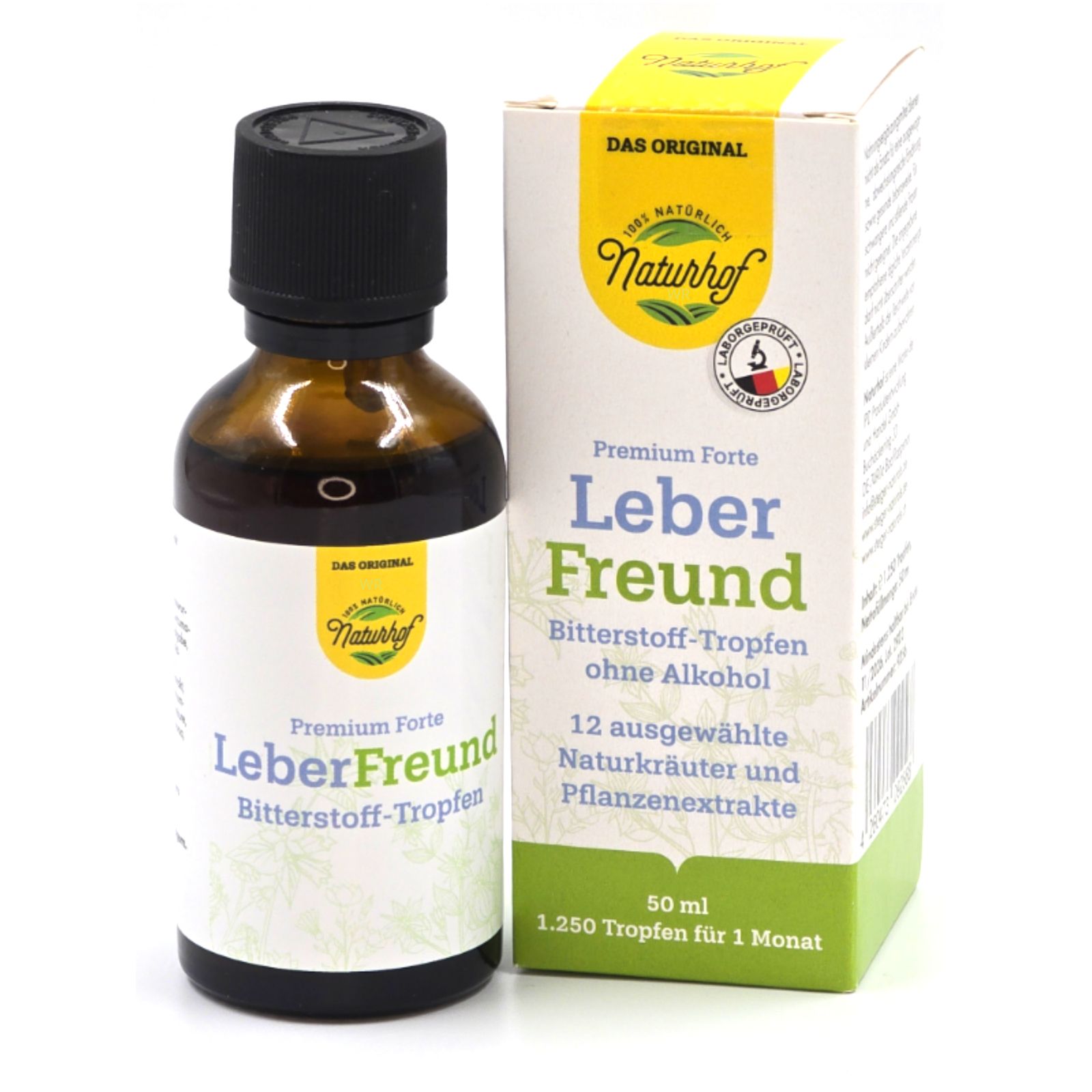 Braune Glasflasche mit schwarzem Verschluss und Etikett. Daneben eine Schachtel mit Produktinformationen.