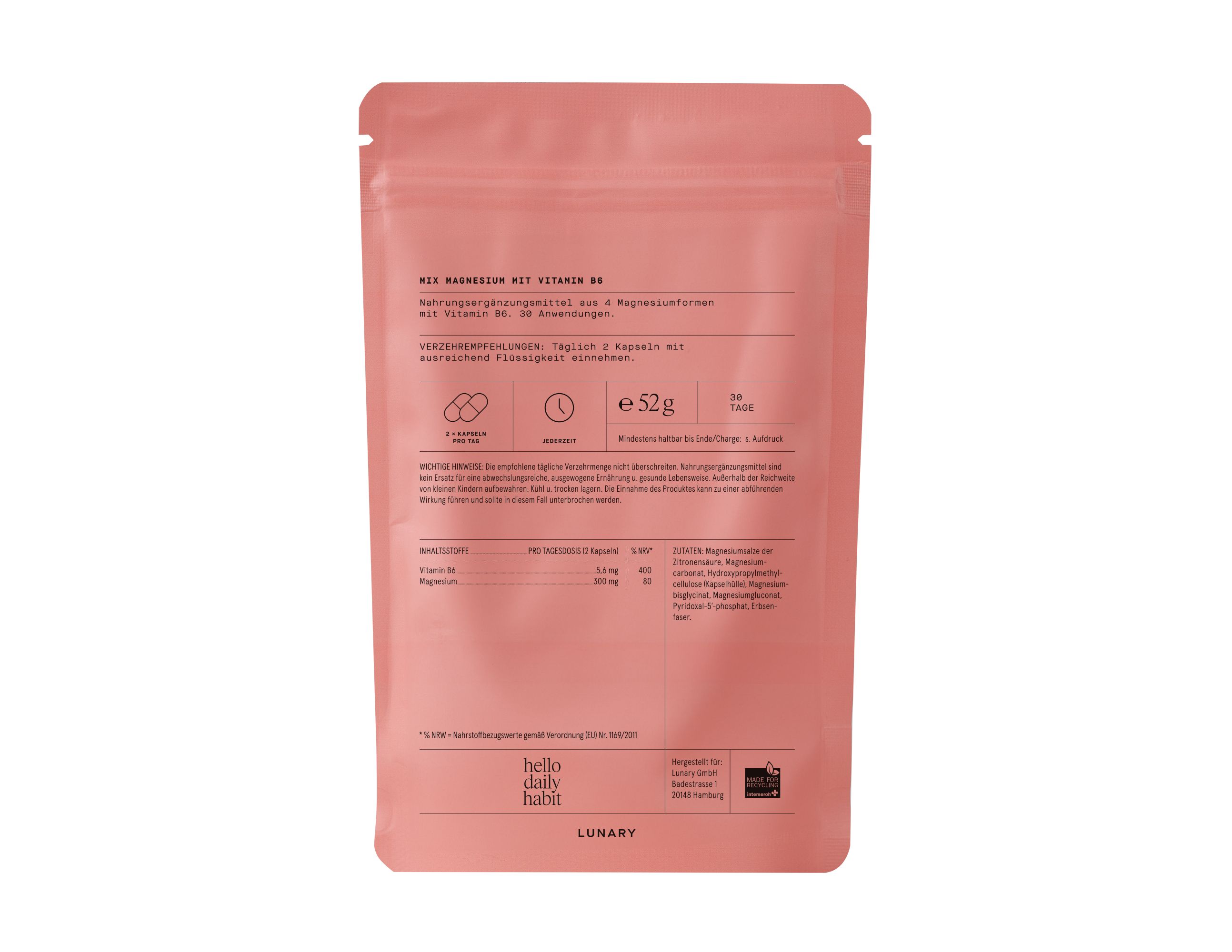 LUNARY Magnesium 4-fach Komplex, gut verträglich und hoch verfügbar, mit Vitamin B6