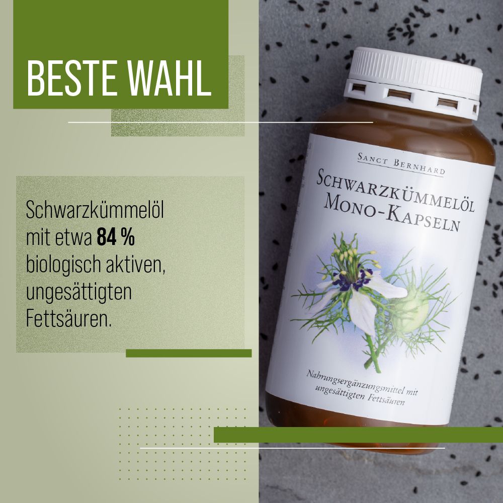 Braune Flasche mit weißen Deckel und Etikett. Text: Schwarzkümmelöl Mono-Kapseln. Enthält ungesättigte Fettsäuren.