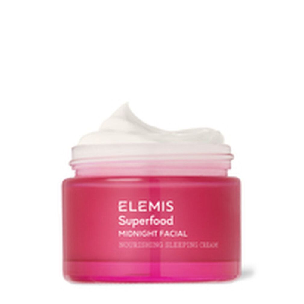 Pinkfarbener Tiegel mit weißem Deckel. Obenauf Creme. Aufschrift: Elemis Superfood Midnight Facial.