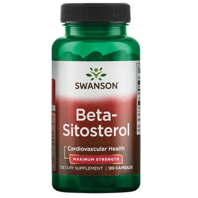 Grüne Flasche mit schwarzem Deckel. Aufschrift: SWANSON Beta-Sitosterol, 120 Kapseln. Für kardiovaskuläre Gesundheit.