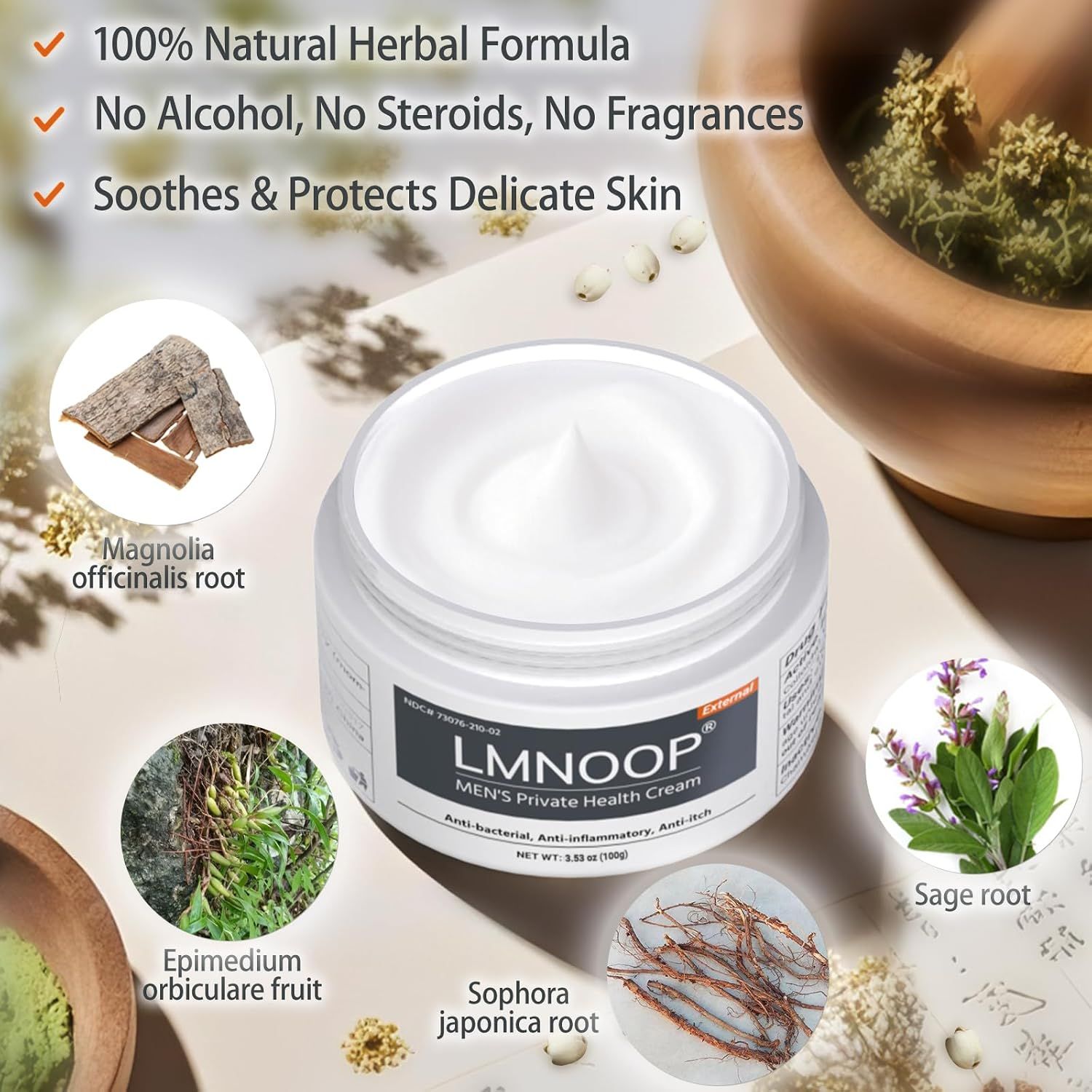 Weißer Tiegel mit Creme. Text: "LMNOOP MEN'S Private Health Cream". Text: 100% natürliche Kräuterformel, ohne Alkohol, Steroide, Duftstoffe.