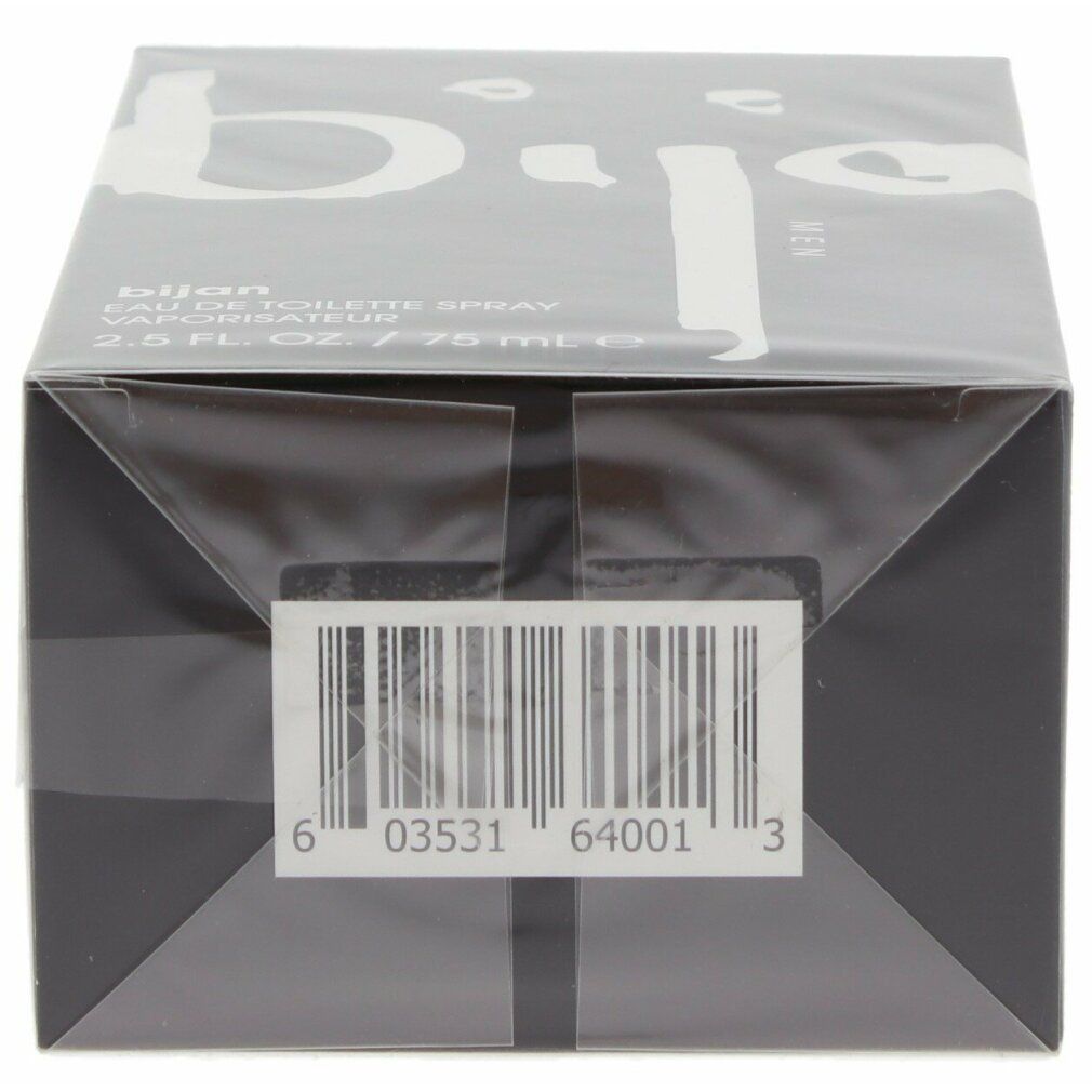 Schwarze Schachtel mit Barcode und Text. "bijan"-Logo und Produktbezeichnung. 2.5 FL. OZ. / 75 ml.