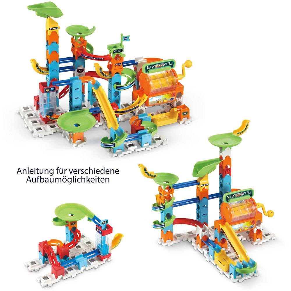 Mehrfarbiger Murmelbahn-Bausatz mit Rampen, Trichter und rotierenden Elementen. VTech Marble Rush.