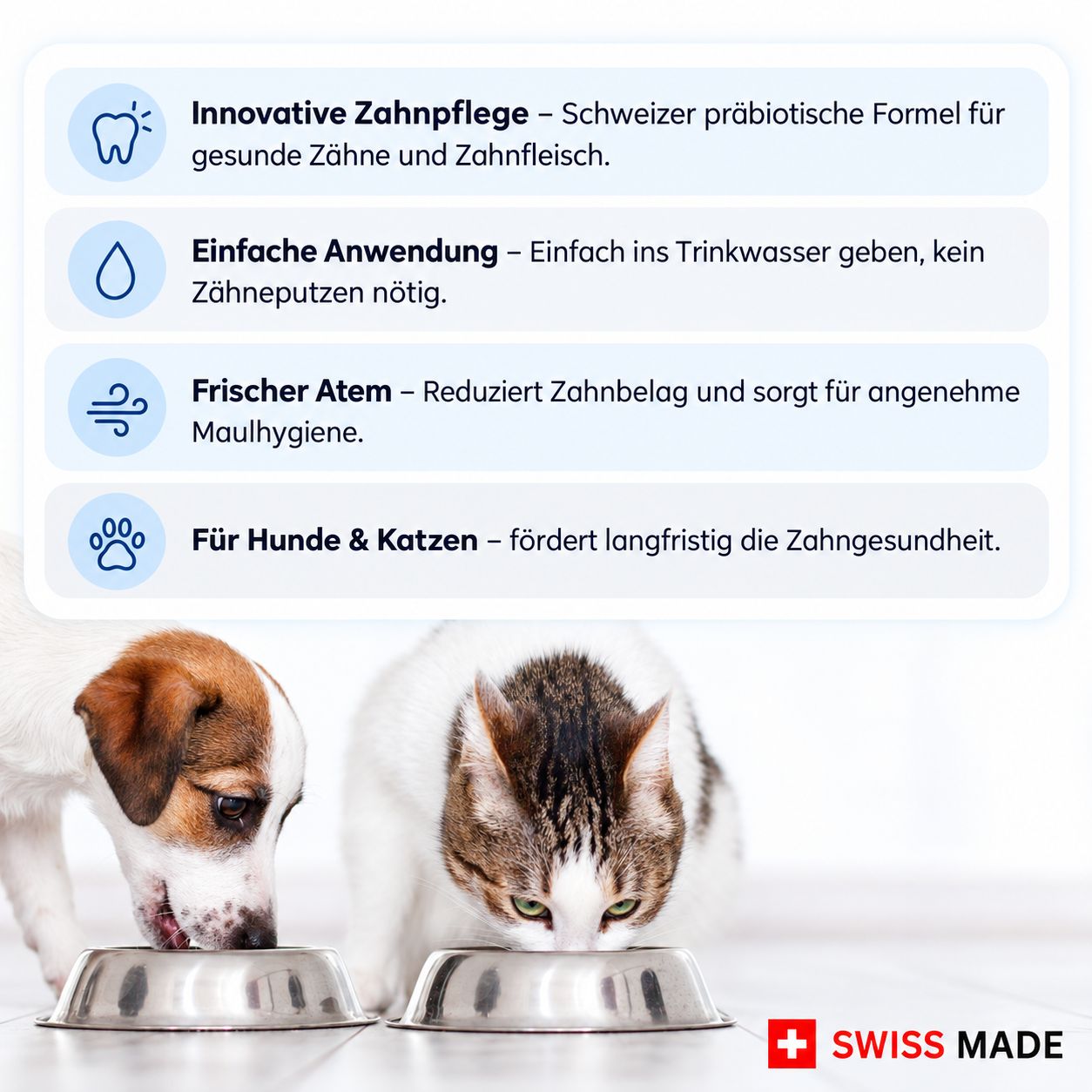 Hund und Katze trinken aus Futternäpfen. Text hebt Vorteile hervor: innovative Zahnpflege, einfache Anwendung, frischer Atem, für Hunde & Katzen.