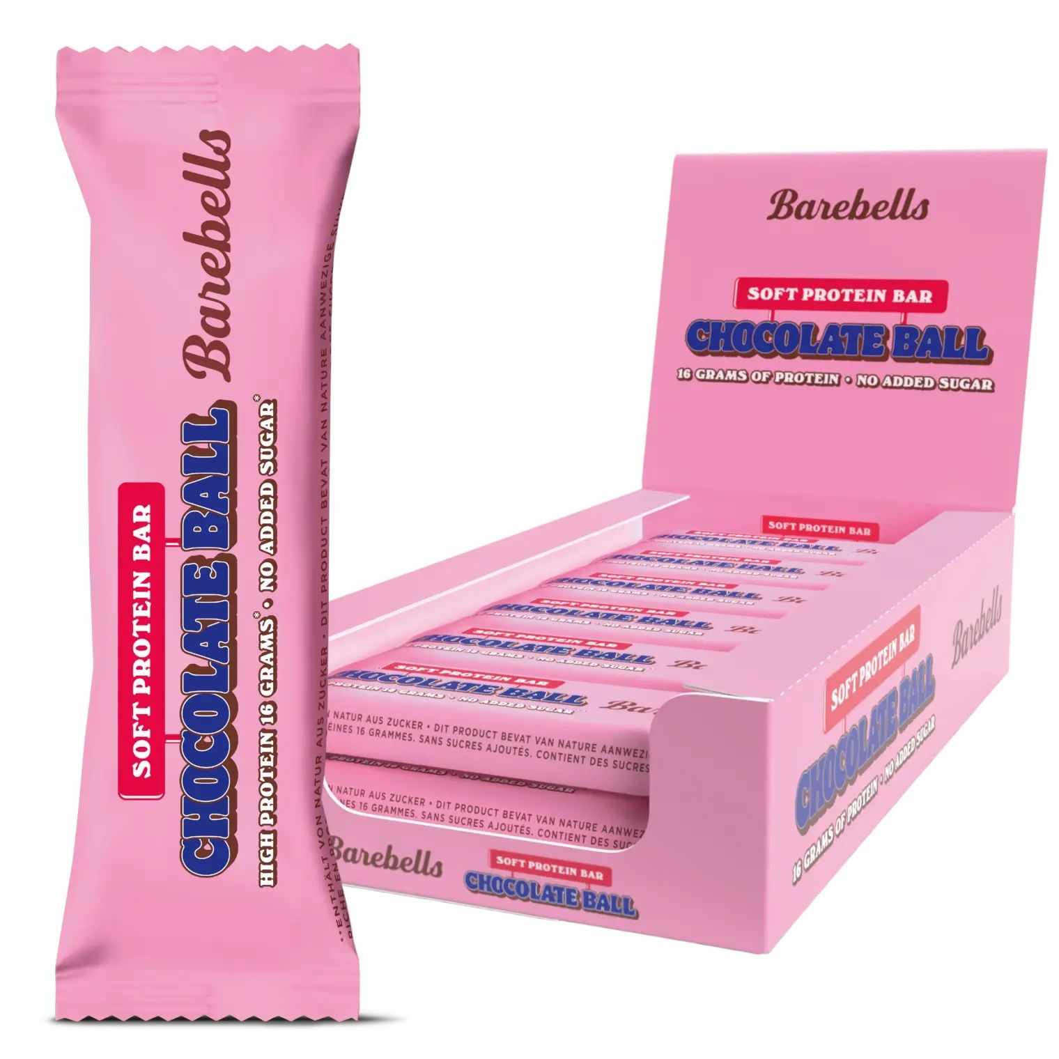 Rosa Proteinriegel-Verpackung und -Box mit "Barebells"-Logo und "Chocolate Ball"-Text. Box mit mehreren Riegeln.