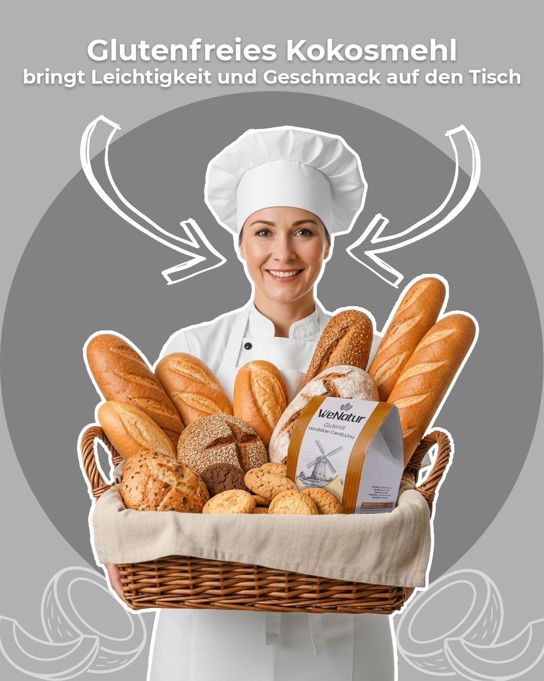 Bäckerin mit einem Korb voller Brot und Brötchen, mit einer Packung Kokosmehl.