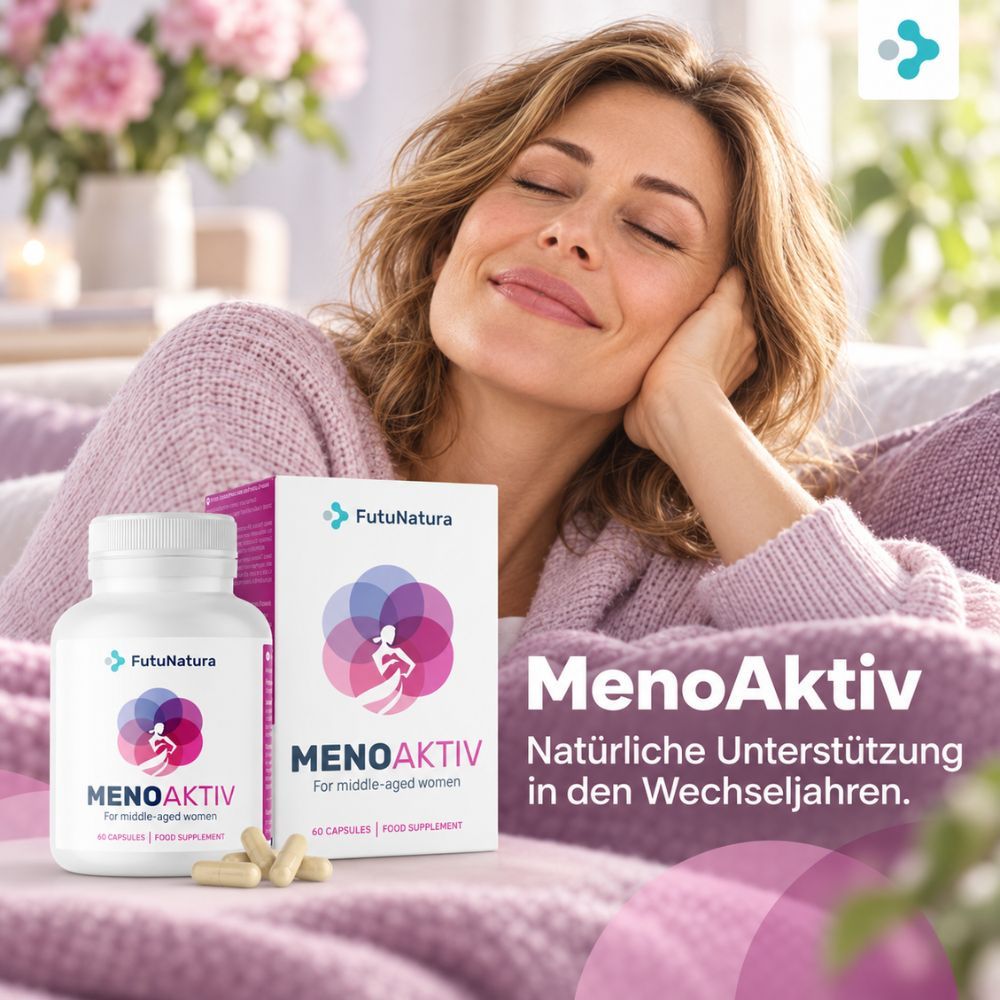 FutuNatura MenoAktiv: Frau entspannt mit Produktflasche und Karton.