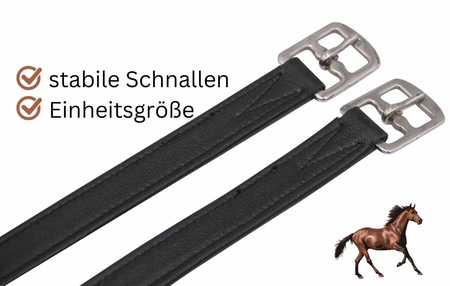 Zwei schwarze Steigbügelriemen mit Text: stabile Schnallen, Einheitsgröße. Kleines Pferd-Symbol.