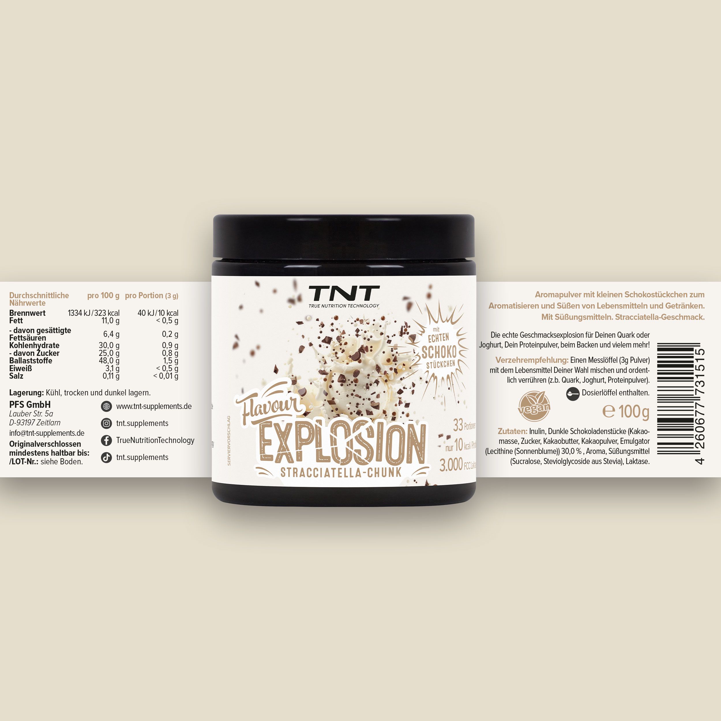 Glas mit TNT Flavour Explosion, Stracciatella-Chunk. Aufschrift: Mit echten Schokostückchen. 33 Portionen, 10 kcal pro Portion. Nährwertangaben.