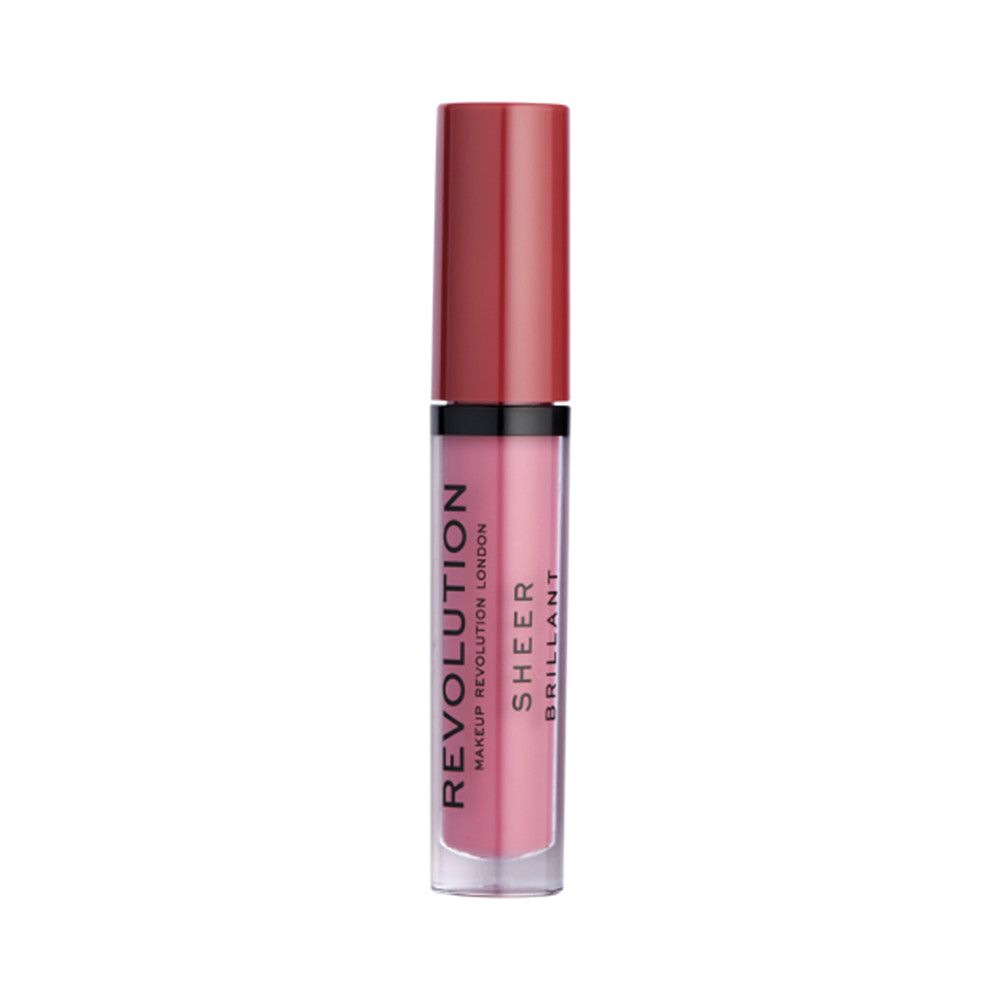Lipgloss-Tube mit rotem Deckel. Aufschrift: REVOLUTION, SHEER, BRILLANT. Transparente Tube mit rosa Inhalt.