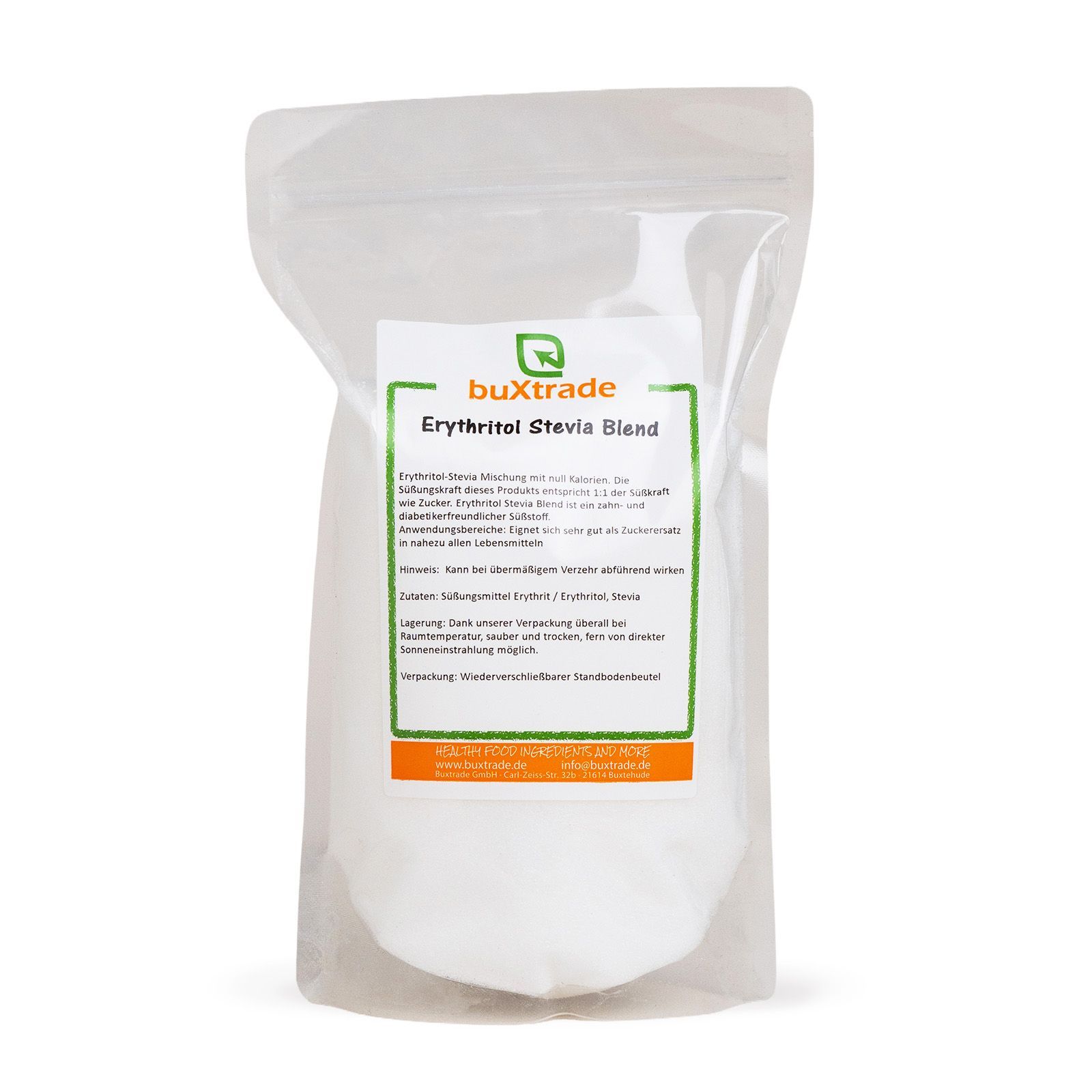Transparente Verpackung mit weißem Pulver. Aufdruck: buXtrade Erythritol Stevia Blend. Text in Deutsch.