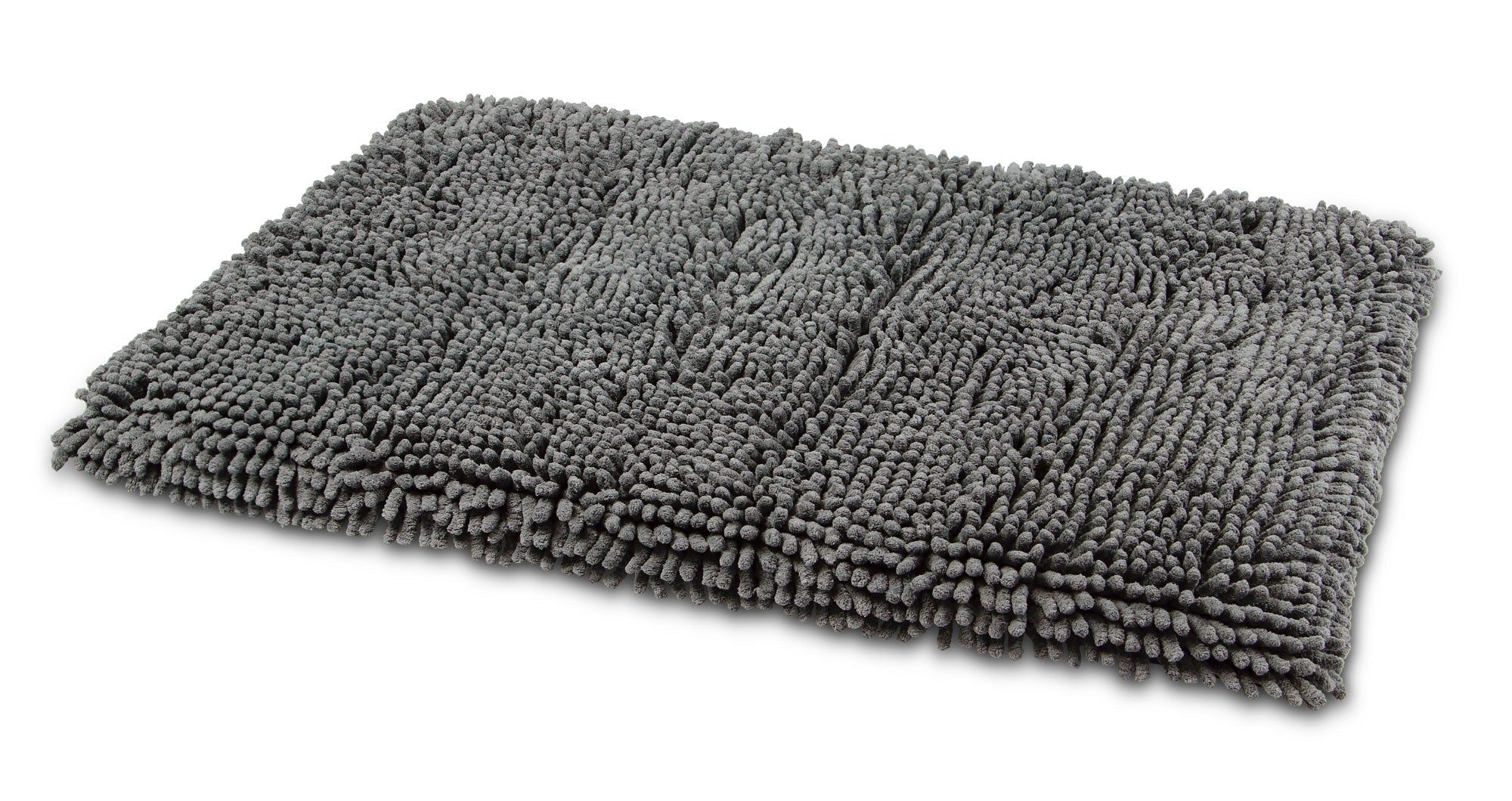 Graues, rechteckiges Reise Pad mit flauschiger Oberfläche. Keine sichtbaren Logos oder Markierungen. Größe XL.