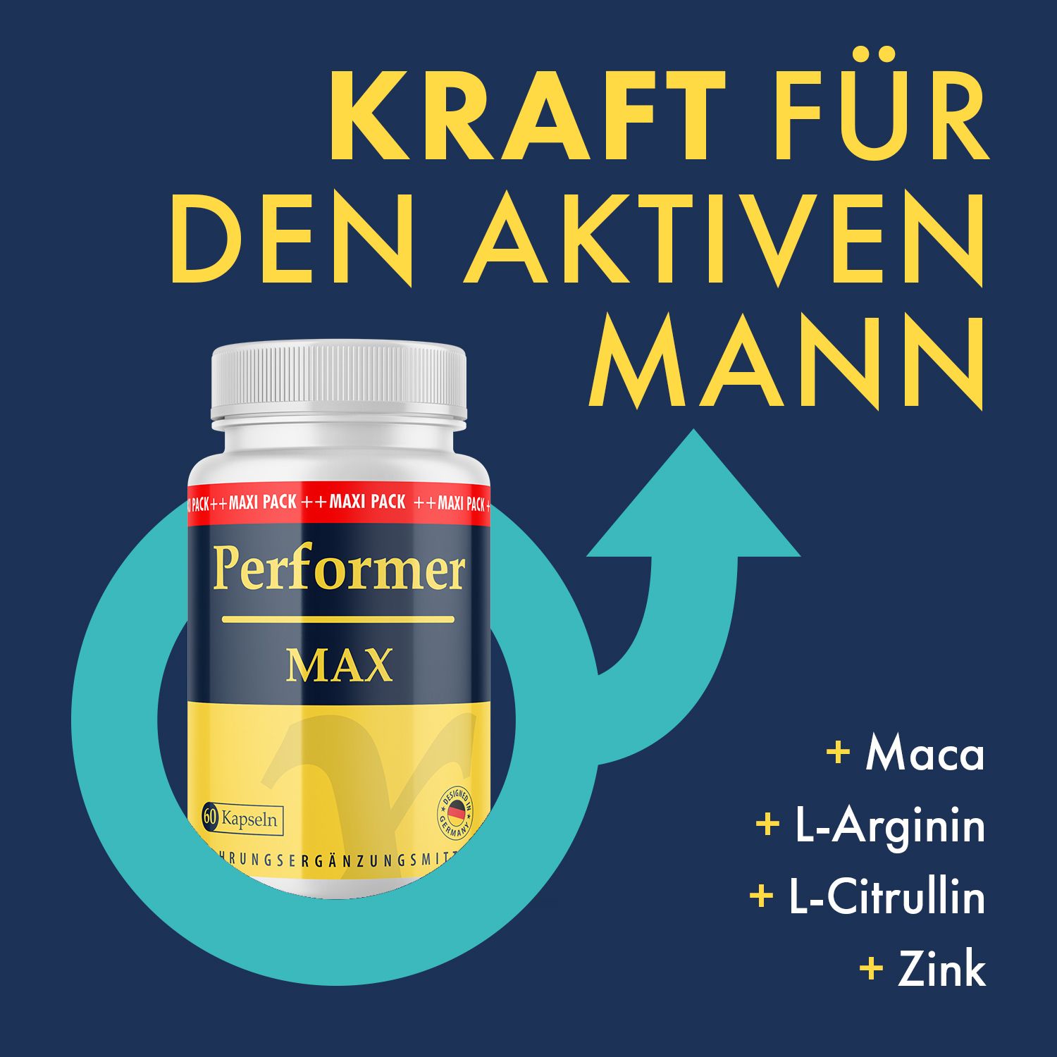 Flasche mit Kapseln, Performer MAX. Aufschrift: Kraft für den aktiven Mann. Inhaltsstoffe: Maca, L-Arginin, L-Citrullin, Zink.