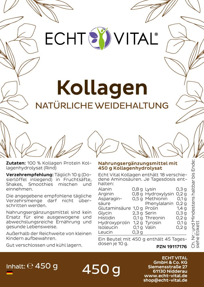 Nahaufnahme des Etiketts einer Kollagen-Verpackung. Enthält Informationen zu Inhaltsstoffen, Nährwerten und dem Hersteller Echt Vital.