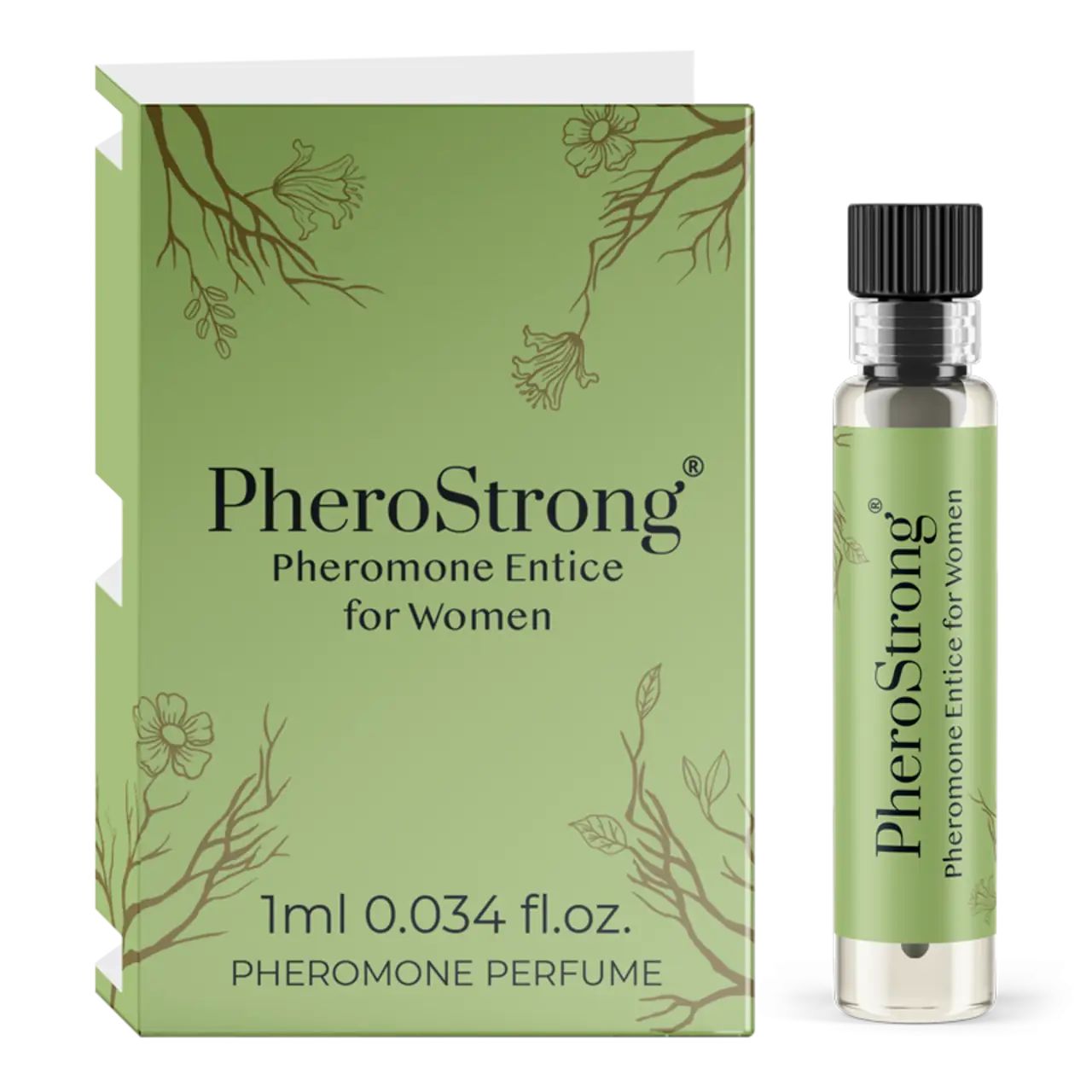 Grüne Schachtel und Flakon. Aufschrift PheroStrong, Pheromone Entice für Frauen. Flakon mit schwarzem Verschluss.