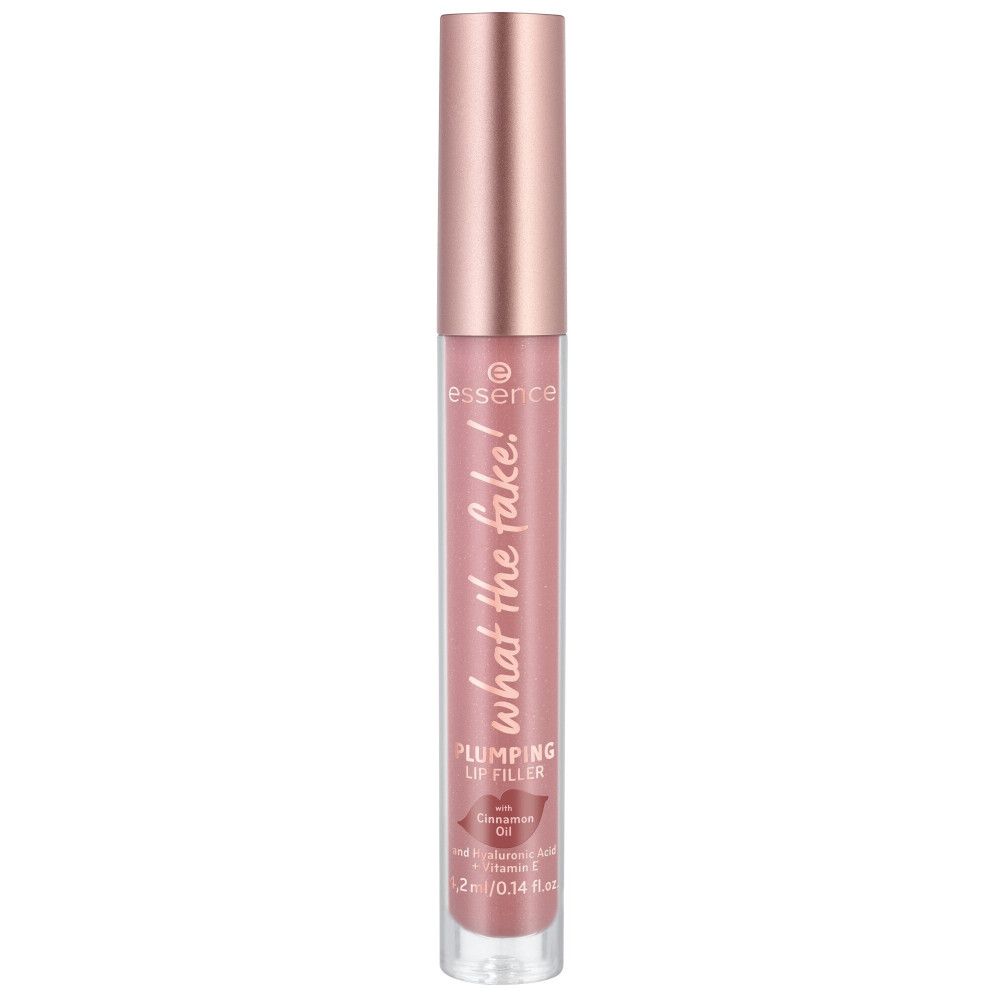 Lippenvolumen Gloss. Rosa Tube mit roségoldfarbenem Deckel. Aufschrift: What the Fake!, Plumping Lip Filler.