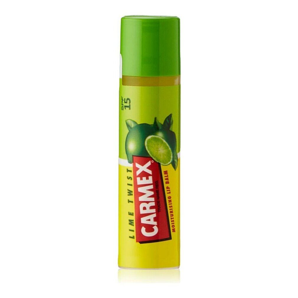 Carmex Lime Twist Lippenbalsam-Stick. Gelb-grüner Stick mit grünem Deckel. Produktname und Logo deutlich sichtbar.
