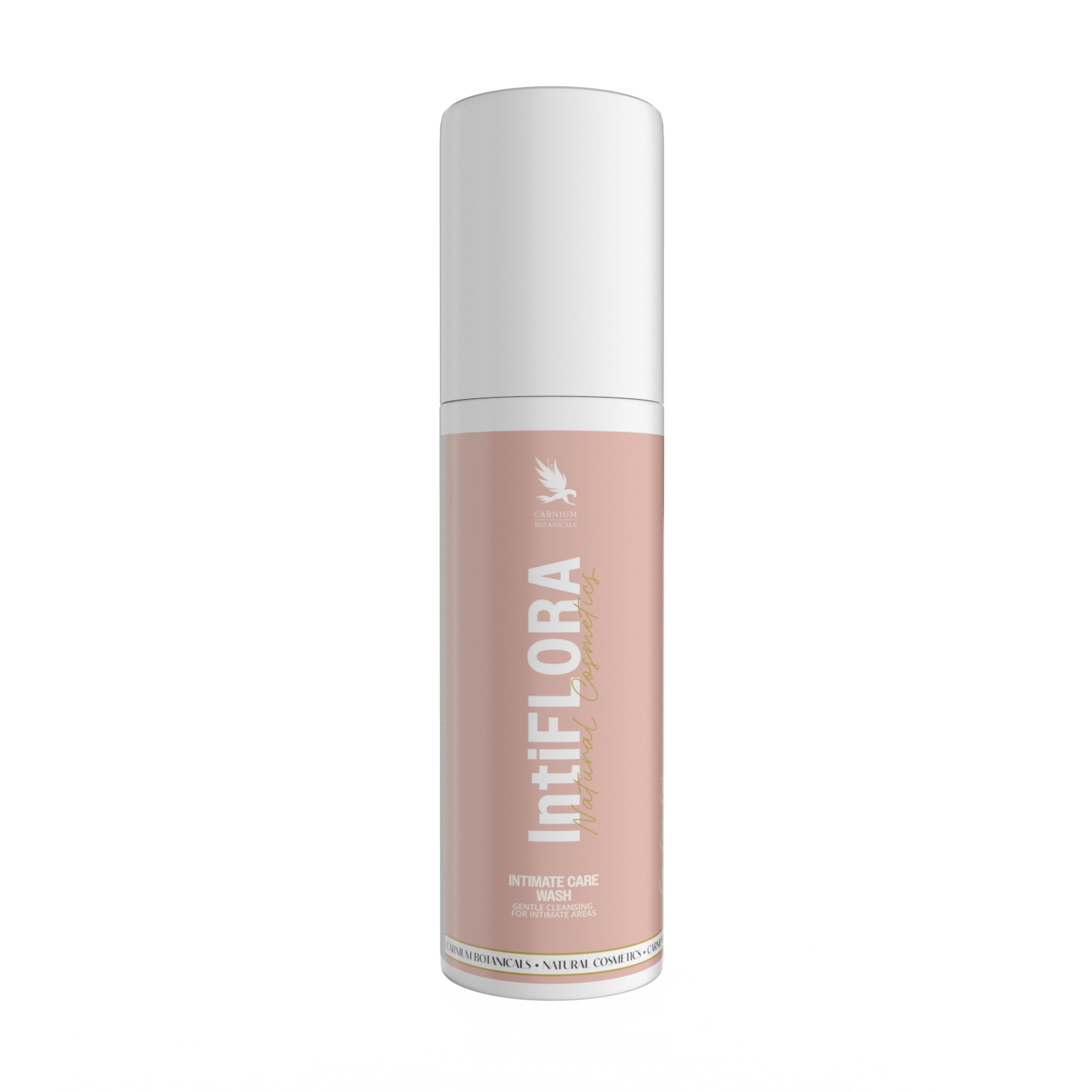 IntiFLORA Intimate Care Wash Flasche. Rosa Flasche mit weißem Deckel und Spenderpumpe, auf hellem Hintergrund.