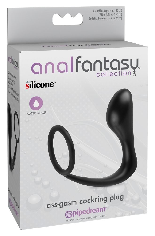 Verpackung von Anal Fantasy. Enthält einen schwarzen Penisring mit Analstimulator. Marke: pipedream.