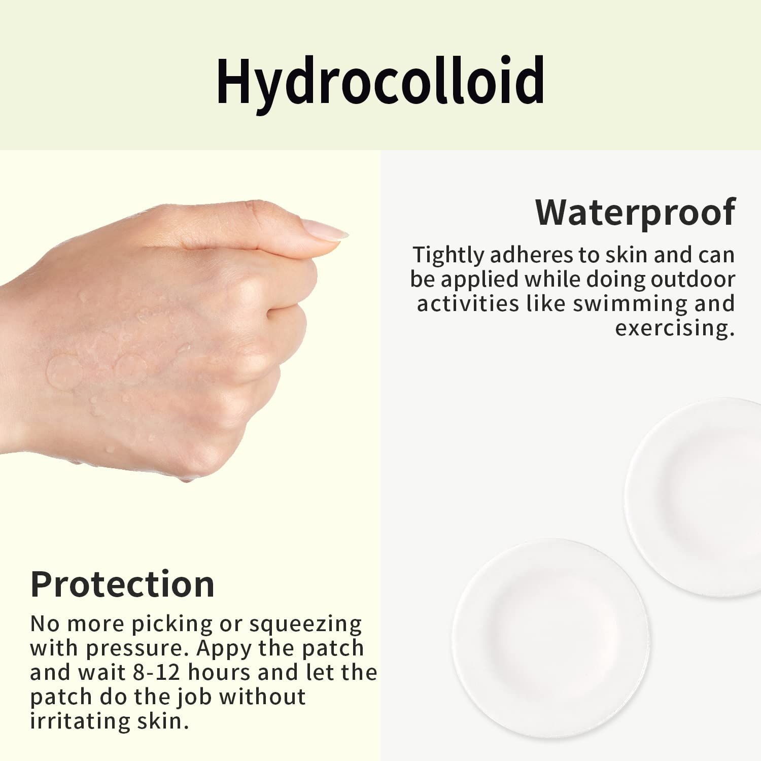 Hand mit zwei runden Pflastern. Text: Hydrokolloid, wasserfest, Schutz.