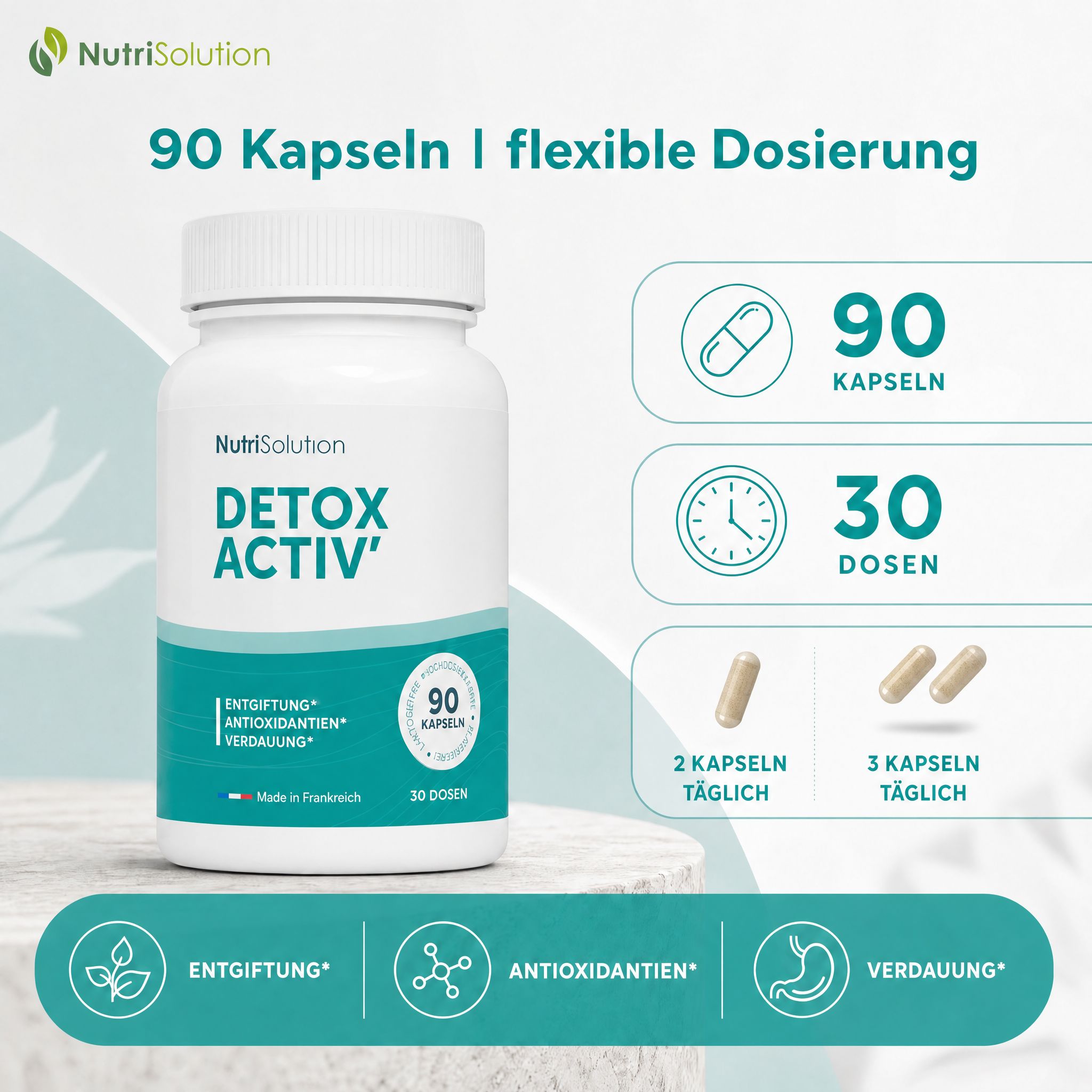 NutriSolution Detox Activ: 90 Kapseln für flexible Dosierung. Unterstützt Entgiftung, Antioxidantien, Verdauung.