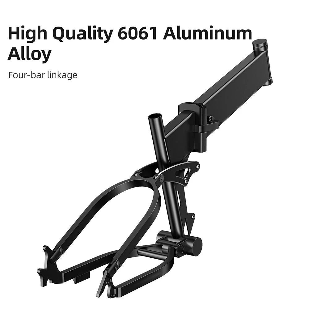 Schwarzer Rahmen aus Aluminiumlegierung. Text: High Quality 6061 Aluminum Alloy. Four-bar linkage.