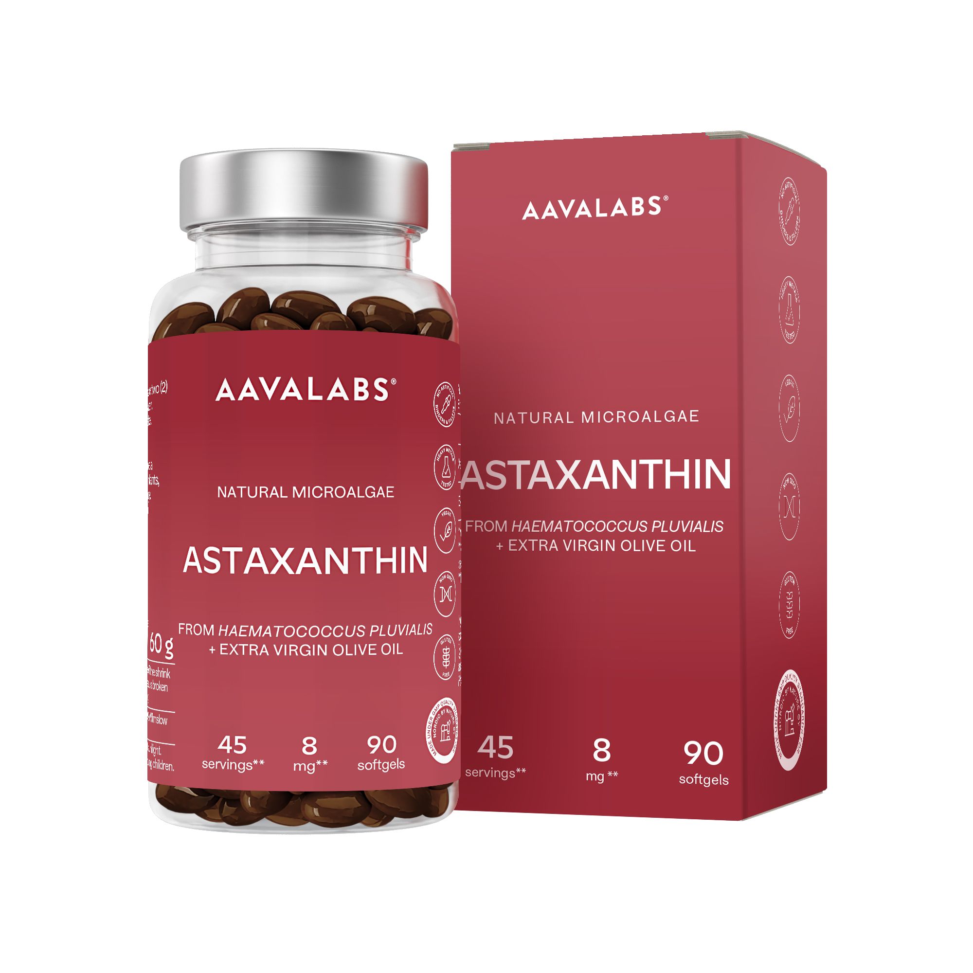 Aavalabs Astaxanthin 8 mg Softgel-Kapseln in roter Verpackung.