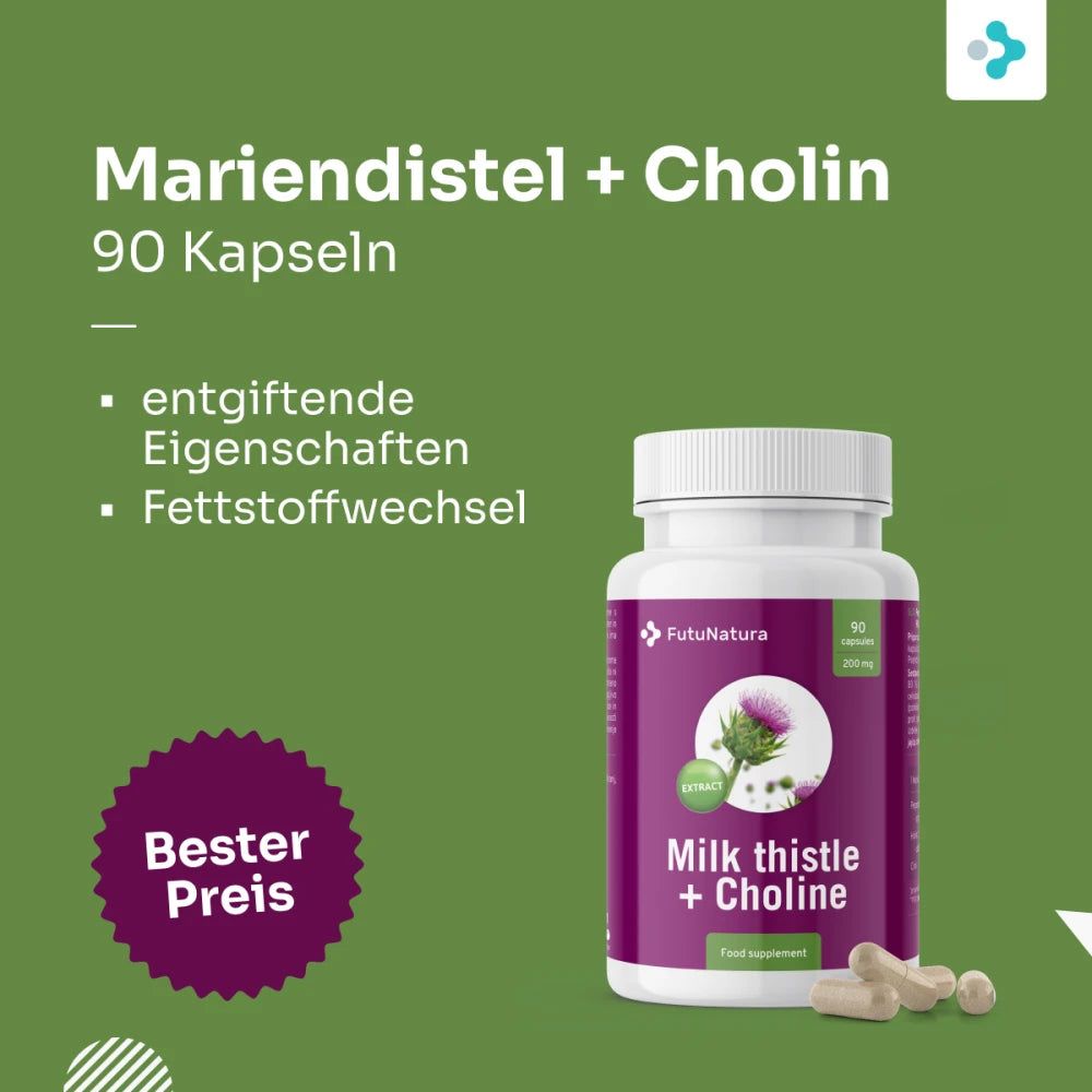 Flasche mit Kapseln. Aufschrift: Mariendistel + Cholin. 90 Kapseln. FutuNatura Logo. Mariendistel-Extrakt. Text: Bester Preis.