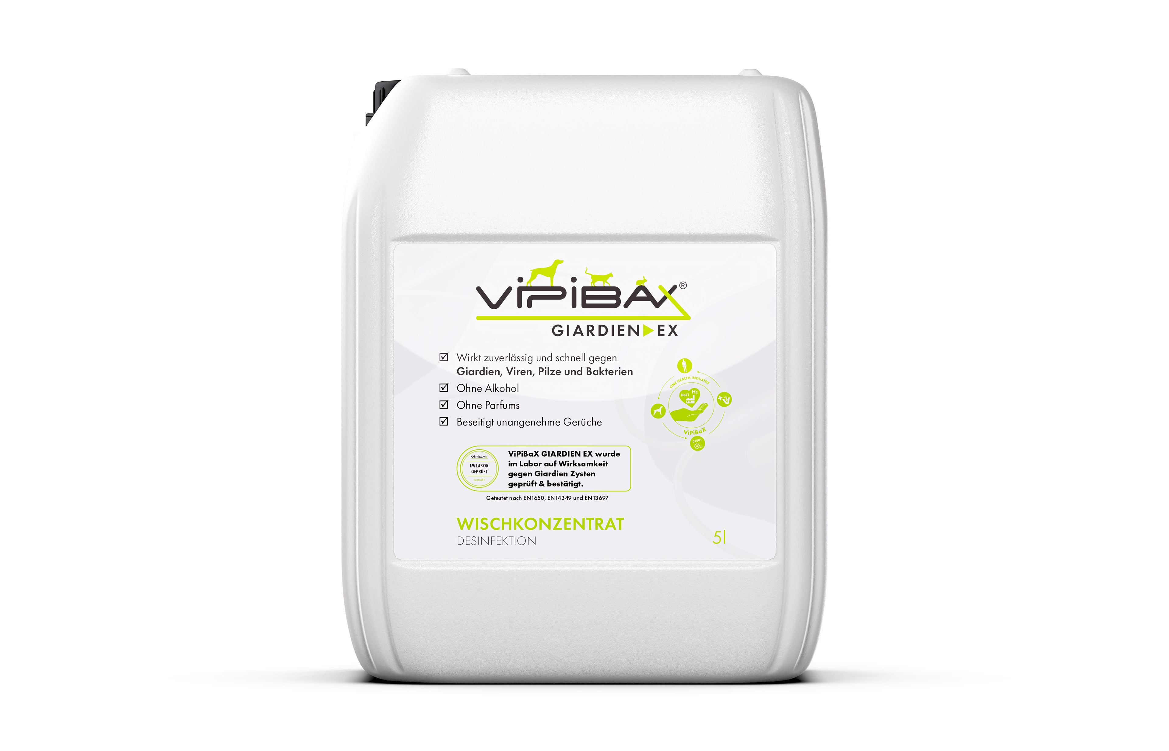 Weißer Kanister mit Griff. Aufschrift: ViPiBaX Giardien EX. Wischkonzentrat. Desinfektion. Mit grünen Elementen.
