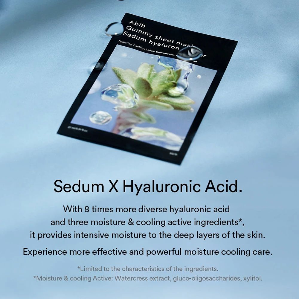 Abib Gummy Sheet Mask Sedum Hyaluron Sticker mit Text über Hyaluronsäure.