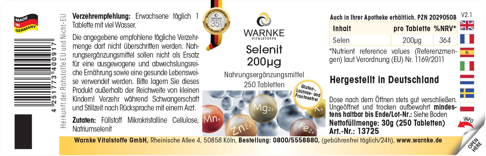 Etikett mit Produktinformationen. Aufschrift: Warnke Selenit 200µg. 250 Tabletten. Hergestellt in Deutschland. Mit Zertifizierung.