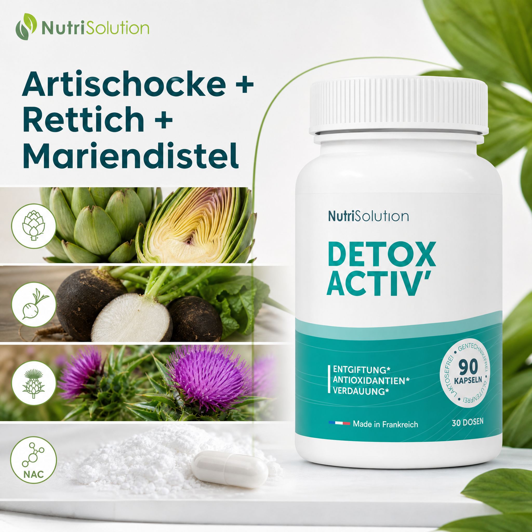 NutriSolution Detox Activ Kapseln mit Artischocke, Rettich, Mariendistel. Entgiftung, Antioxidantien, Verdauung.