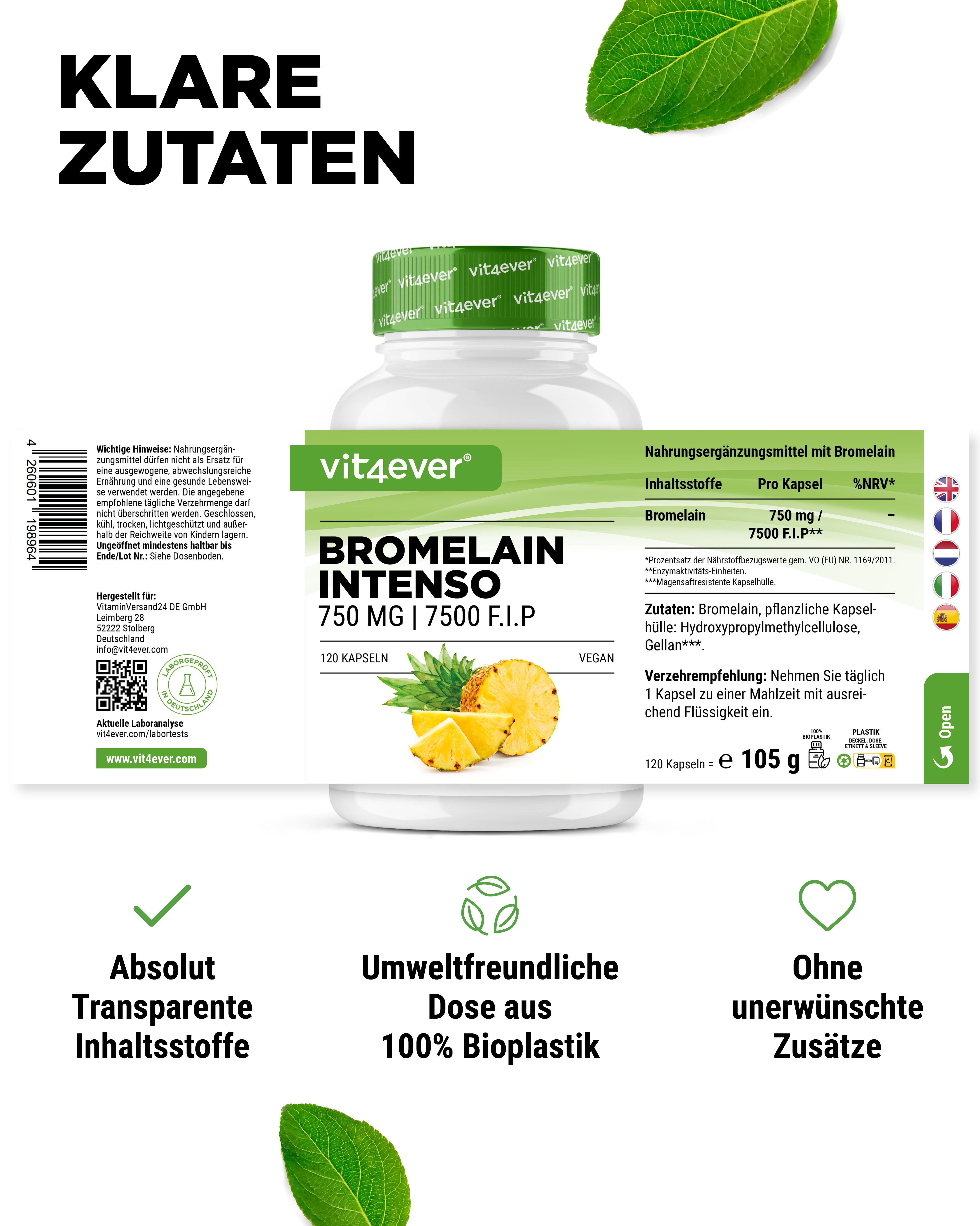 Weißes Flaschendesign mit grünem Etikett. Aufschrift: Bromelain Intenso 750 mg | 7500 F.I.P. 120 Kapseln. Vegan. Ananas-Illustration. Text.