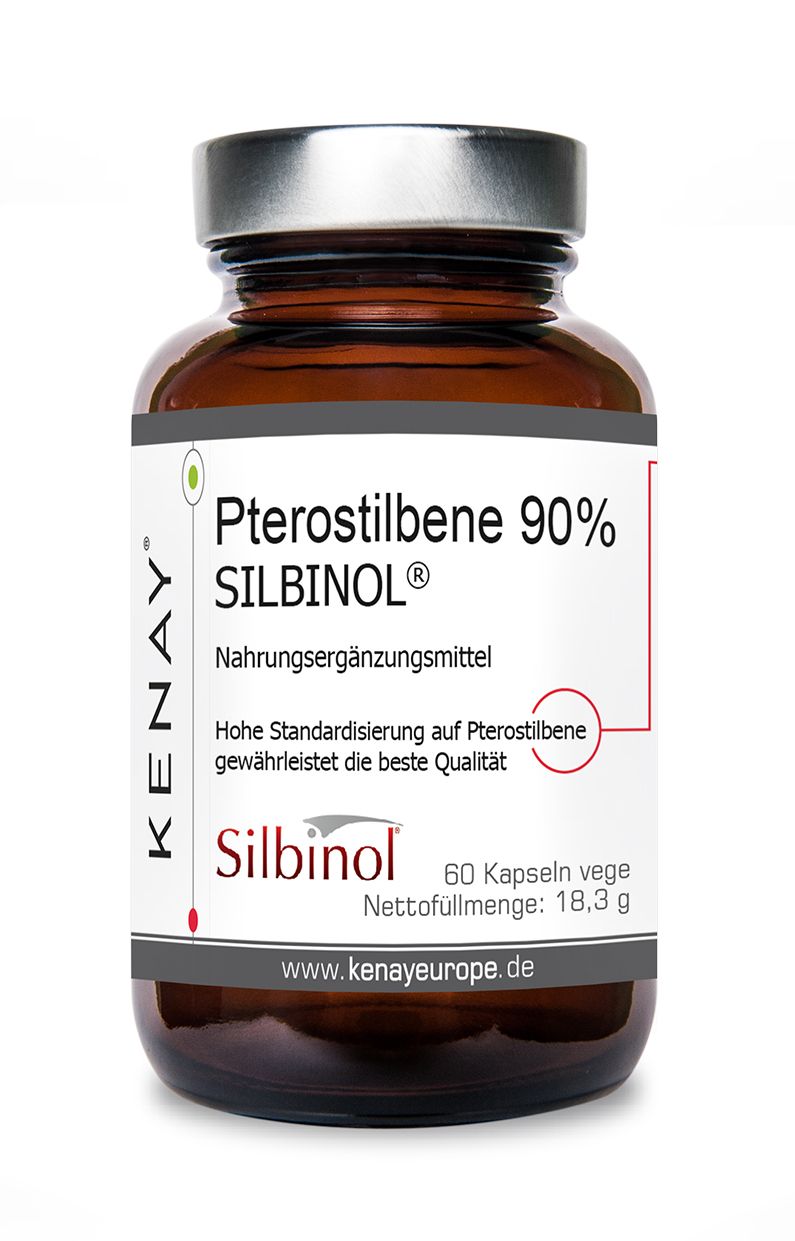 Braune Glasflasche mit silbernem Deckel. Etikett mit Produktnamen Pterostilbene 90% SILBINOL®, KENAY®. 60 Kapseln, Nahrungsergänzungsmittel.