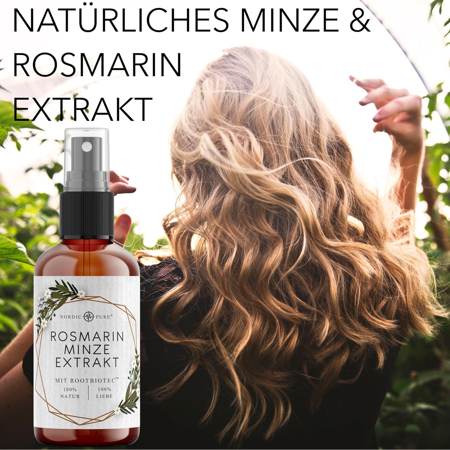 Braune Sprühflasche vor dem Hintergrund einer Frau mit blonden Haaren. Text: Natürliches Minze & Rosmarin Extrakt. Nordic Pure Logo.
