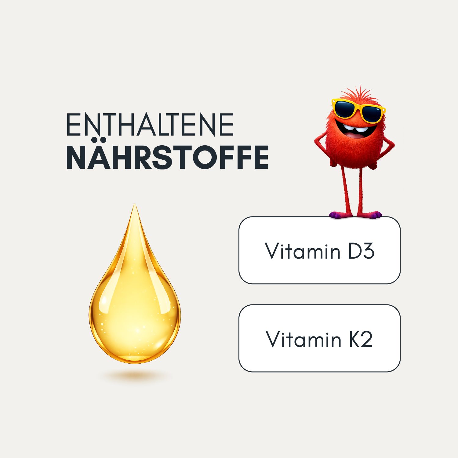 Grafik mit gelbem Tropfen und Text: Enthaltende Nährstoffe. Unter dem Tropfen: Vitamin D3 und Vitamin K2 in weißen Kästchen.