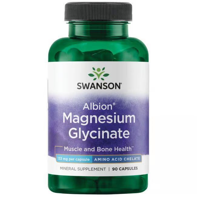 Grüne Flasche mit weißen und violetten Etiketten. Aufschrift: SWANSON Albion Magnesium Glycinat, 133 mg pro Kapsel, 90 Kapseln.