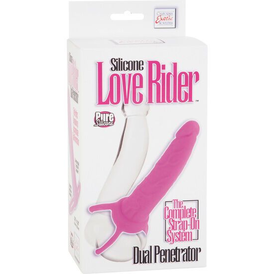Verpackung mit pinkfarbenem Dildo und Hodengeschirr. Aufschrift: Silicone Love Rider, Pure Silicone, Dual Penetrator.