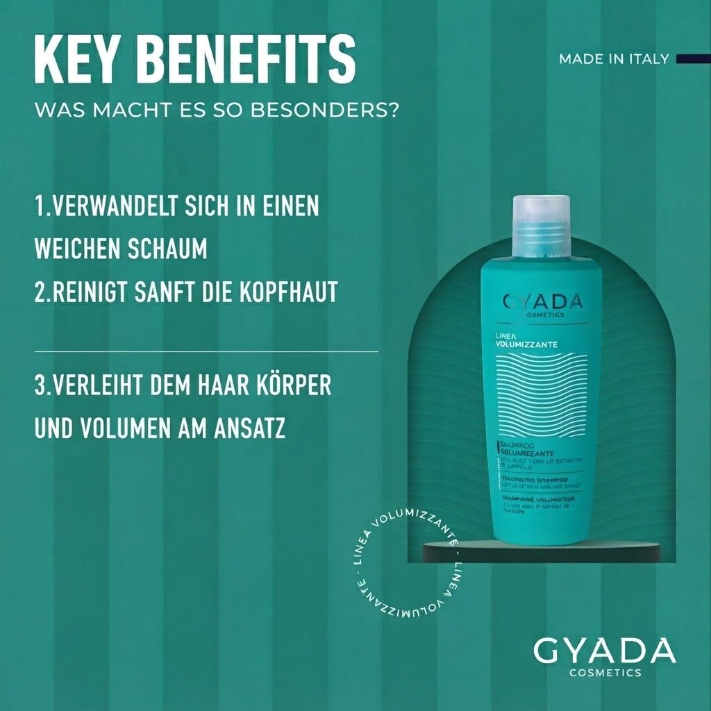 Türkise Flasche 'GYADA COSMETICS' mit Wellenmuster und Text.
